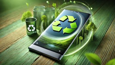 A sleek, modern smartphone made from eco-friendly materials, symbolizing sustainability in mobile technology, with a recycling symbol in the background.