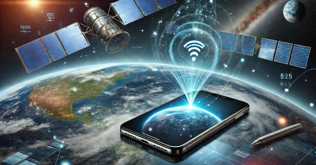 A futuristic smartphone seamlessly connected to a satellite orbiting Earth, showcasing advanced global communication technology with a glowing satellite signal icon.