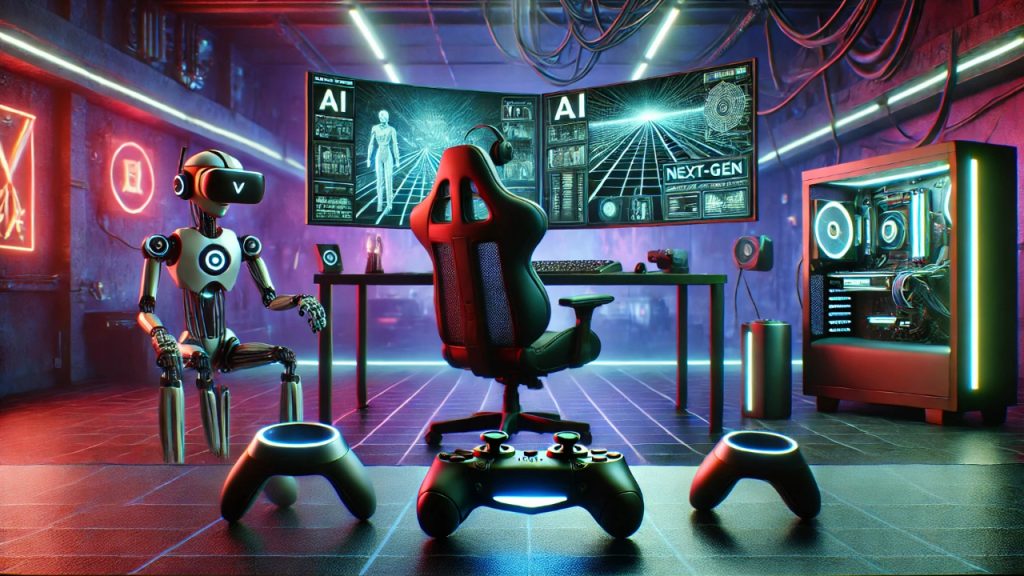 A futuristic gaming setup featuring advanced VR headsets, AI-powered controllers, and high-tech gaming monitors, illuminated with neon lights for an immersive next-gen gaming experience.