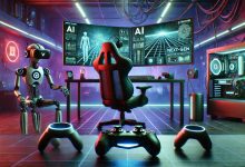 A futuristic gaming setup featuring advanced VR headsets, AI-powered controllers, and high-tech gaming monitors, illuminated with neon lights for an immersive next-gen gaming experience.
