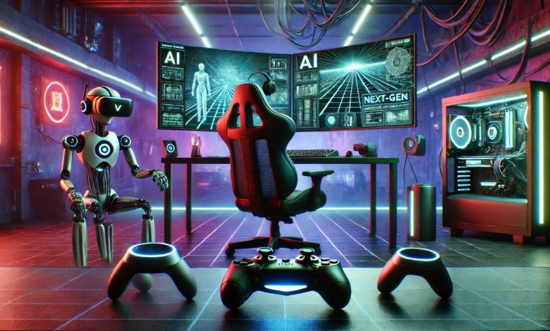 A futuristic gaming setup featuring advanced VR headsets, AI-powered controllers, and high-tech gaming monitors, illuminated with neon lights for an immersive next-gen gaming experience.