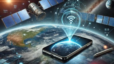 A futuristic smartphone seamlessly connected to a satellite orbiting Earth, showcasing advanced global communication technology with a glowing satellite signal icon.