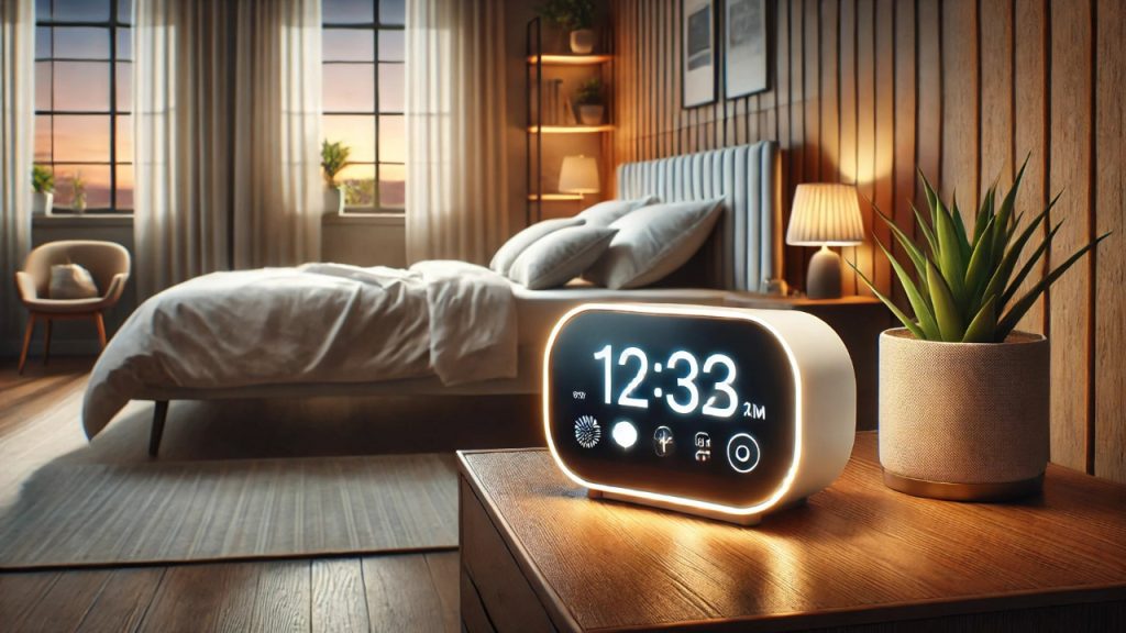 A modern smart alarm clock on a bedside table in a well-lit bedroom, featuring a digital display and adjustable light settings that simulate a sunrise, integrated with a smart home system. The room has cozy decor with plants and a calming atmosphere, highlighting the smart clock's integration with the environment.