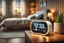 A modern smart alarm clock on a bedside table in a well-lit bedroom, featuring a digital display and adjustable light settings that simulate a sunrise, integrated with a smart home system. The room has cozy decor with plants and a calming atmosphere, highlighting the smart clock's integration with the environment.