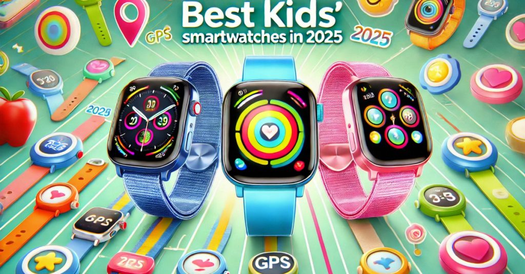 A high-quality digital illustration showcasing three top-rated kids' smartwatches, featuring colorful designs, interactive screens, and child-friendly features.