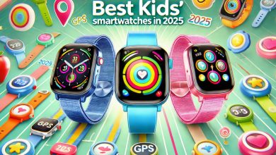 A high-quality digital illustration showcasing three top-rated kids' smartwatches, featuring colorful designs, interactive screens, and child-friendly features.