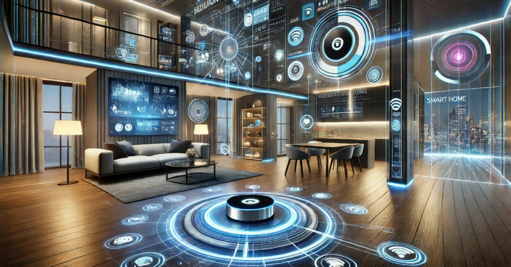 A futuristic smart home with AI-powered assistants, smart lighting, security cameras, and an automated entertainment system, featuring a sleek modern design with ambient lighting and interactive smart displays.