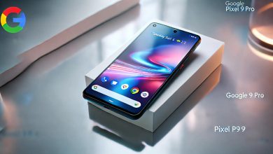 A sleek, futuristic Google Pixel 9 Pro smartphone lying on a clean, minimalistic desk setup, with a large OLED screen showcasing a seamless interface. The background features a modern tech aesthetic with light reflections on the glass back of the device.