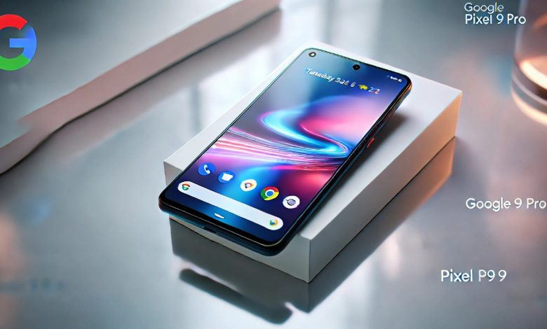 A sleek, futuristic Google Pixel 9 Pro smartphone lying on a clean, minimalistic desk setup, with a large OLED screen showcasing a seamless interface. The background features a modern tech aesthetic with light reflections on the glass back of the device.