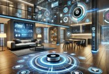 A futuristic smart home with AI-powered assistants, smart lighting, security cameras, and an automated entertainment system, featuring a sleek modern design with ambient lighting and interactive smart displays.