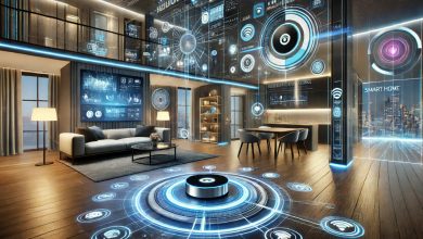 A futuristic smart home with AI-powered assistants, smart lighting, security cameras, and an automated entertainment system, featuring a sleek modern design with ambient lighting and interactive smart displays.