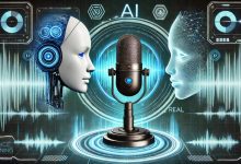 "A conceptual illustration of AI voice cloning. A futuristic microphone at the center, surrounded by digital soundwaves. On one side, a robotic face represents AI, while on the other, a human face symbolizes real voices, emphasizing ethical concerns."