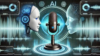 "A conceptual illustration of AI voice cloning. A futuristic microphone at the center, surrounded by digital soundwaves. On one side, a robotic face represents AI, while on the other, a human face symbolizes real voices, emphasizing ethical concerns."