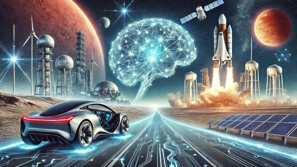 "A Tesla electric car driving with full self-driving mode as a SpaceX Starship rocket launches in the background, symbolizing innovation in automotive and space travel."