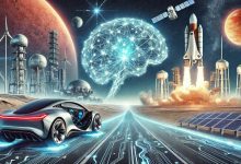 "A Tesla electric car driving with full self-driving mode as a SpaceX Starship rocket launches in the background, symbolizing innovation in automotive and space travel."