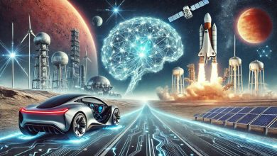 "A Tesla electric car driving with full self-driving mode as a SpaceX Starship rocket launches in the background, symbolizing innovation in automotive and space travel."