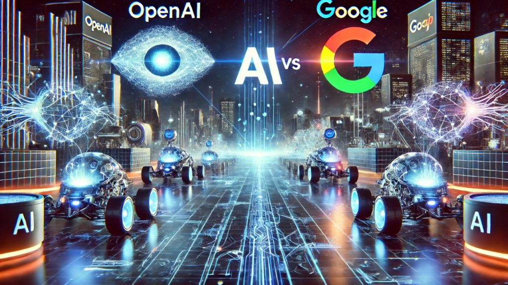 A futuristic digital battlefield illustrating OpenAI and Google competing for AI supremacy, with AI-powered machines, neural networks, and holographic data streams in a high-tech environment.