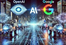 A futuristic digital battlefield illustrating OpenAI and Google competing for AI supremacy, with AI-powered machines, neural networks, and holographic data streams in a high-tech environment.