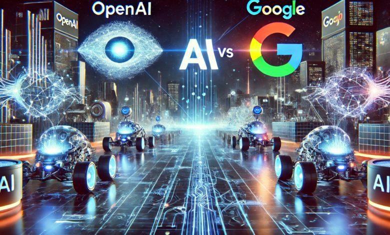 A futuristic digital battlefield illustrating OpenAI and Google competing for AI supremacy, with AI-powered machines, neural networks, and holographic data streams in a high-tech environment.