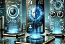 A futuristic and sleek composition showcasing the best AI-powered smartphones of 2025, featuring high-tech devices with glowing AI-driven interfaces, intelligent assistants, advanced cameras, and holographic displays in a digital environment.