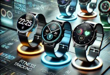 A futuristic and sleek collection of budget-friendly smartwatches with premium features, displayed on a high-tech background. The smartwatches showcase fitness tracking, AI-powered assistants, and notification alerts, representing modern wearable technology in 2025.