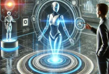 A futuristic and visually striking representation of AI-powered personal assistants, featuring a sleek, modern digital interface with a holographic assistant interacting with a user in a high-tech smart home environment.
