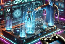 A futuristic and highly advanced gaming console powered by AI, featuring glowing interfaces, adaptive controls, and a high-tech immersive gaming setup with neon lighting and holographic UI elements.