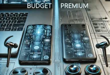 "A side-by-side comparison of budget and premium tech devices in 2025, showcasing a modern smartphone, laptop, and wireless earbuds with similar high-end features."
