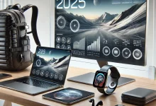 "A futuristic and sleek setup for a digital nomad in 2025, featuring a lightweight laptop, portable monitor, wireless earbuds, a smart backpack, and a foldable smartphone in a high-tech workspace."
