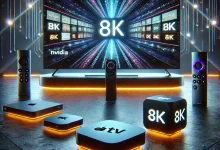 "A futuristic and visually striking setup featuring the best 8K streaming devices of 2025, including Apple TV 8K, Nvidia Shield 8K, Roku Ultra 8K, and Amazon Fire TV Cube, connected to an ultra-high-definition 8K television."