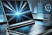 A futuristic and innovative laptop featuring a foldable and rollable display, AI-powered performance, and a sleek, ultra-thin design, showcased on a high-tech modern desk.