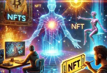 A futuristic representation of NFTs reshaping digital art, gaming, and entertainment, featuring a blockchain network, NFT tokens, a digital artist, a gamer with NFT assets, and an NFT-based movie ticket in a cyberpunk-themed setting.