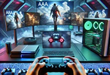 "A futuristic gaming setup showcasing cloud gaming technology, featuring a modern gaming station with multiple screens displaying high-end games being streamed in real-time. A player is using a tablet or smartphone to play, while a traditional gaming console sits unused in the background, highlighting the shift to cloud gaming."
