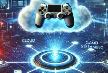 "Futuristic cloud gaming concept featuring a glowing game controller floating in a digital cloud, representing cloud-based game streaming with a cyber-themed background."