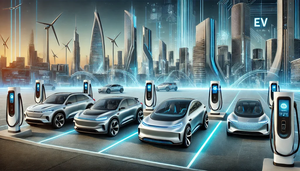 "A futuristic lineup of the top 5 electric vehicles of 2025, featuring sleek, modern designs in a high-tech cityscape with EV charging stations."