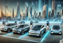 "A futuristic lineup of the top 5 electric vehicles of 2025, featuring sleek, modern designs in a high-tech cityscape with EV charging stations."