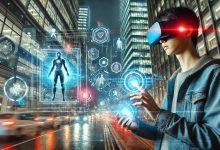 "A futuristic and immersive augmented reality (AR) mobile gaming experience featuring a person wearing AR glasses, interacting with holographic game elements in a high-tech urban environment with cyberpunk aesthetics."