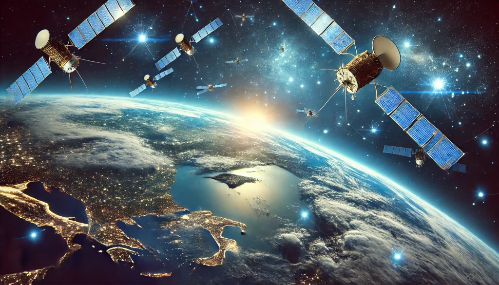 "A satellite in space orbiting Earth with multiple small satellites in the background, showcasing Starlink's global internet coverage."