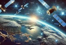 "A satellite in space orbiting Earth with multiple small satellites in the background, showcasing Starlink's global internet coverage."