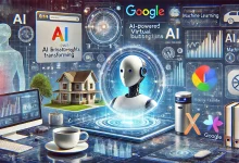 "A futuristic digital illustration depicting Google's AI breakthroughs, featuring AI-powered virtual assistants, intelligent search algorithms, and automation in daily life. The background includes a smart home, AI-driven healthcare applications, and advanced machine learning models on digital screens."