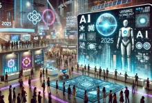 A futuristic event stage with holographic projections of AI, robotics, and space technology, surrounded by tech enthusiasts and industry leaders exploring cutting-edge innovations