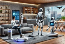 A futuristic smart home with advanced robots assisting in daily tasks. A humanoid robot serves coffee to a seated person, another robot vacuums the floor, a robotic arm prepares food in the kitchen, and a small AI-powered drone monitors security. The home features sleek, high-tech interiors.