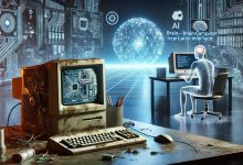 "An abandoned dusty desktop computer in the foreground, with advanced quantum computers, AI-driven devices, and holographic interfaces in the background, symbolizing the transition to futuristic technology."