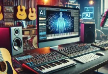 "A music studio showcasing AI software generating music compositions in real-time, blending technology and traditional instruments in the music production process."