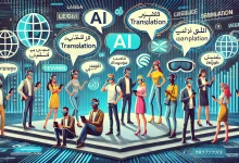 "People from diverse cultures using AI-powered translation devices to communicate seamlessly across language barriers, representing global connectivity and collaboration."