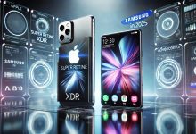 A futuristic comparison of Apple and Samsung smartphones in 2025, showcasing premium design and foldable technology with a digital, tech-inspired background.