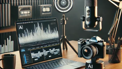 A futuristic and sleek setup for a content creator in 2025, featuring an AI-powered camera, high-performance laptop, smart lighting, and a professional microphone in a modern workspace.