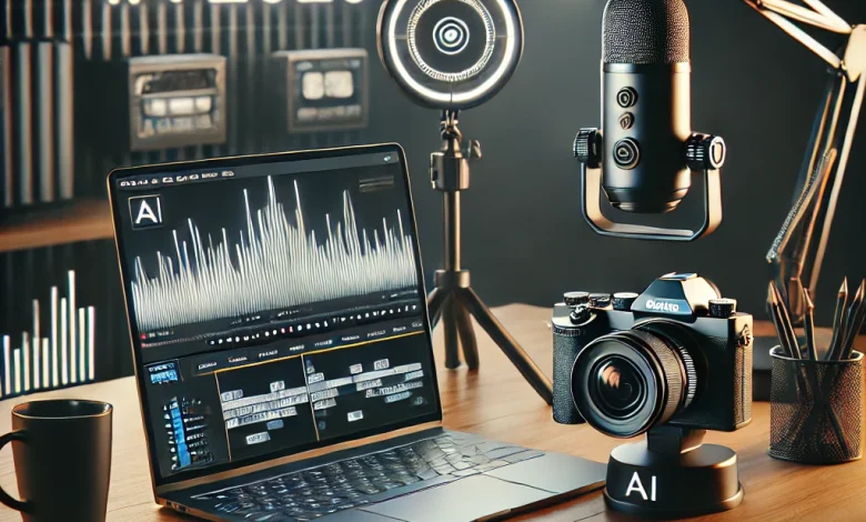 A futuristic and sleek setup for a content creator in 2025, featuring an AI-powered camera, high-performance laptop, smart lighting, and a professional microphone in a modern workspace.