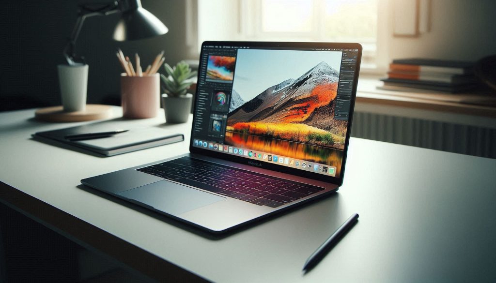 “2025 MacBook Air on a minimalist desk, displaying an image editing software interface, highlighting its slim profile, OLED Retina display, and creative workspace setting.”