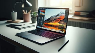 “2025 MacBook Air on a minimalist desk, displaying an image editing software interface, highlighting its slim profile, OLED Retina display, and creative workspace setting.”